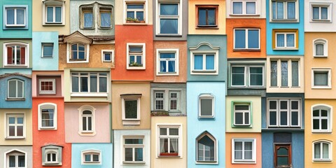 Obraz premium A vibrant collage of colorful windows and architectural details on a building facade.