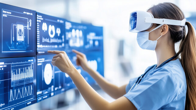 Female doctor and medical engineer with high-tech virtual reality goggles testing out new paradigm shifting medical care technology giving digital innovation to 