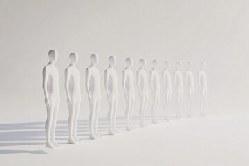 Line of identical white mannequin figures arranged in a row against a light background highlighting uniformity and minimalist aesthetic
