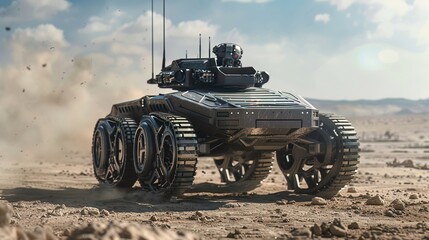 Fototapeta premium Robotic tank combat vehicles remotely controlled, executing reconnaissance and engagement without risking human life