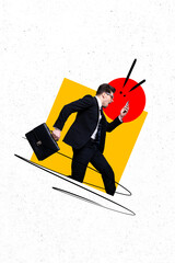 Vertical image collage young businessman boss entrepreneur urgency run hurry rush smartphone look...