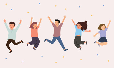 Group of young happy people jumping together, cheerful friends, Positive emotions set illustration.