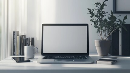 Minimalist Workspace, Laptop, Coffee Mug, Smartphone, and Books on a White Desk in Modern Home Office Interior