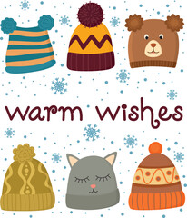Winter card with colorful knitted hats and snowflakes. Warm wishes hand drawn holiday concept