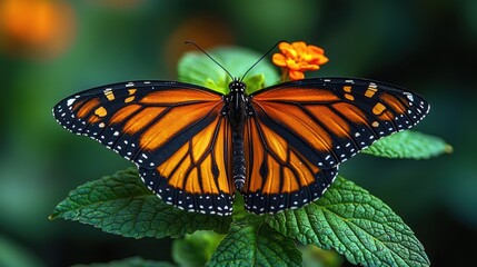 Obraz premium Tranquil Beauty - Close-up of a Colorful Butterfly Perched on a Vibrant Green Leaf in a Lush Garden Setting