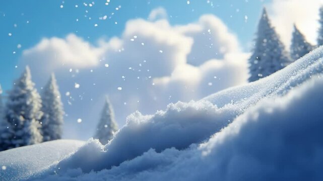 Snowdrift against panoramic view with snowy frost trees. Natural landscape with space for text or design. Winter holiday season. Happy New Year, Merry Christmas