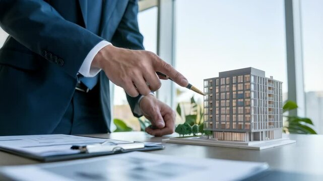 A businessman presents a building model in a modern office setting.