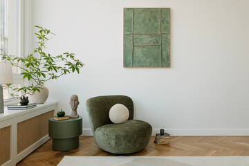 Minimalist reading nook with a green armchair, artistic accents, and a calming palette for ultimate...