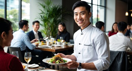 Asian waiter serving food friendly smile restaurant uniform busy dining area with guests sturdy build late twenties male