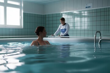 A realistic depiction of a patient engaged in aquatic therapy, focusing on rehabilitation and physical recovery in a water environment