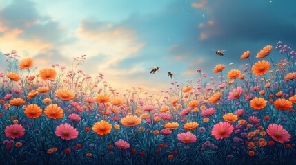 Obraz premium Bees Flying Over a Field of Pink and Orange Flowers at Sunset