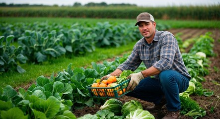 Caucasian farmer harvesting produce content look plaid shirt farm field with vegetables sturdy build mid forties male
