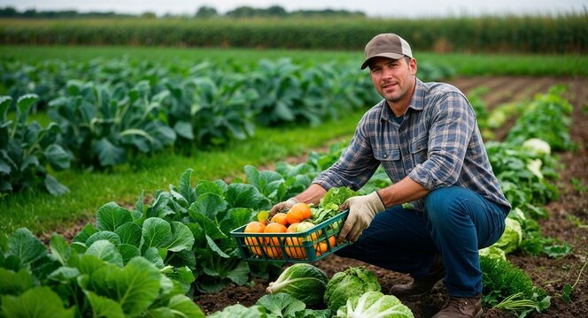 Caucasian farmer harvesting produce content look plaid shirt farm field with vegetables sturdy build mid forties male
