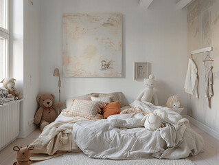 Bright bedroom interior. Children's room in light colors. Poster mockup.