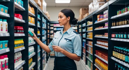 Caucasian retail clerk organizing shelves focused look casual uniform retail aisle with products stocky build early twenties female