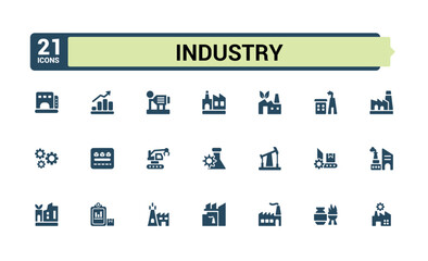 Industry solid icon collections. Featuring technology, recycling, appliance, business, industrial, construction, factory, equipment. Minimalistic web and UI icons. Editable vector illustration.
