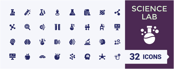 Science solid icons set. Contains related to analysis, health, test tube, chemistry, formula, medical, bulb, ecology. Modern flat icons. Editable vector illustration.