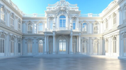 Obraz premium A grand, classical courtyard with ornate architecture and bright blue sky.