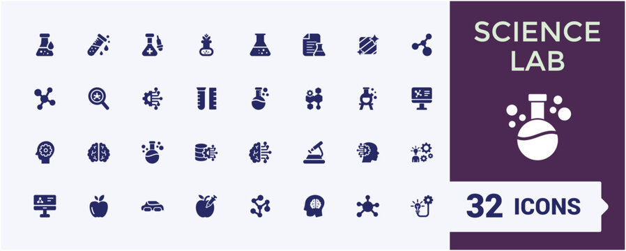 Science solid icons set. Contains related to analysis, health, test tube, chemistry, formula, medical, bulb, ecology. Modern flat icons. Editable vector illustration.