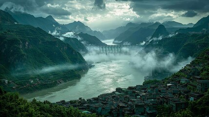 Three Gorges Dam Spanning River with Mist