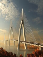 Fototapeta premium A modern cable-stayed bridge spanning a river, showcasing innovative design and engineering.