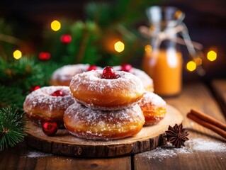 Christmas Decor with Fireplace and Powdered Sugar Glazed Donuts on Wooden Table, Cozy Holiday Setting