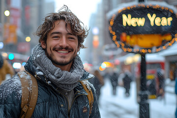 Young happy man positive about the coming New Year showing an happy face in front of a New Year sign representing hope and trust in the future for the Happy New Year