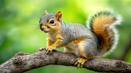 A curious squirrel perched on a branch, showcasing its fluffy tail and detailed fur in a vibrant green background.