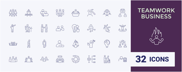 Teamwork line web icon set. Includes thin line career, company, management, unity, training, work, team building and more. Minimalistic web and UI icons.