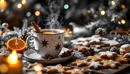 A warm mug of mulled wine garnished with orange slices and spices, set on a rustic wooden table, surrounded by festive gingerbread cookies and pastries in a cozy, dimly lit holiday setting