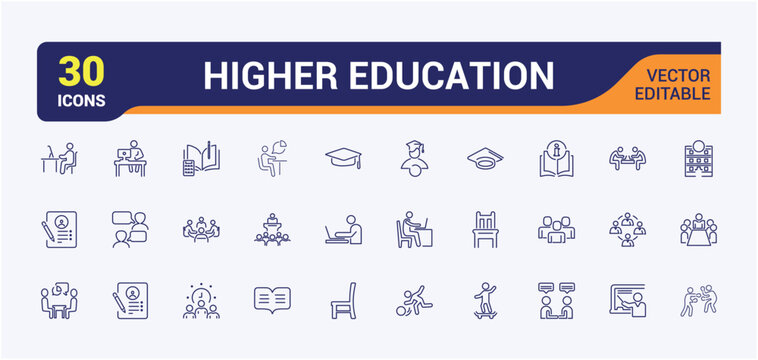 Education thin line icon set. Contains related to college, classroom, certificate, learning, graduate, knowledge, training, e-book. Simple line vector. Editable stroke. Vector illustration.