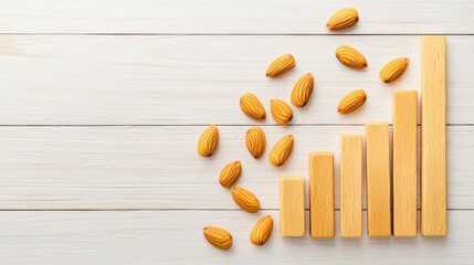 A unique arrangement of almonds and wooden blocks forming a growth chart, symbolizing prosperity and healthy choices. Ideal for business and wellness themes.
