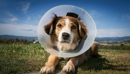 Sad dog wearing an awkward protective cone of shame