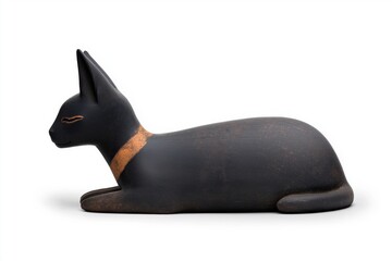 A black cat statue is laying on its back with its head resting on its paws. The statue is made of clay and has a gold collar around its neck. The statue appears to be resting and relaxed