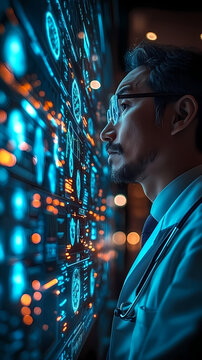 Medical professionals consult with AI systems to determine the best treatment plan for a patient, with holographic displays showing potential outcomes and side effects