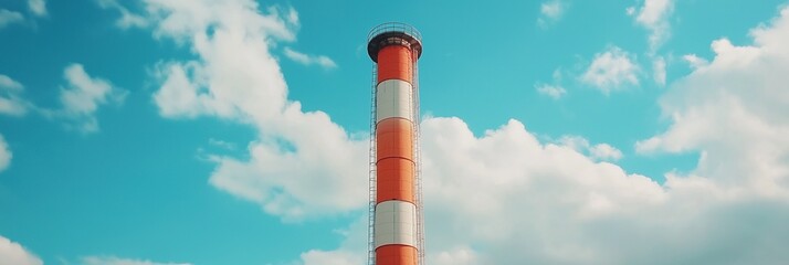 A tall red and white tower stands in front of a blue sky. The tower is surrounded by clouds, giving the scene a somewhat moody atmosphere