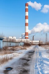 Obraz premium A tall red and white chimney with smoke coming out of it. The sky is blue and the ground is covered in snow