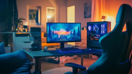 Naklejka premium Cozy gaming room setup with dual monitors, ergonomic chair, RGB lighting, and plush decor for an inviting streaming space.