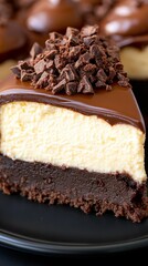A slice of chocolate cheesecake with a layer of chocolate ganache, topped with chocolate shavings.