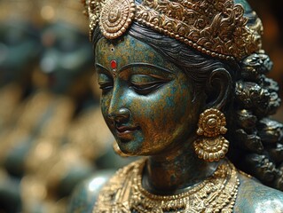 Obraz premium Intricate bronze statue of hindu goddess with golden ornamentation and spiritual symbolism