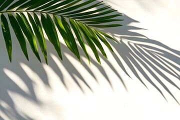 Shadows of green palm leaves cast across a pristine white wall