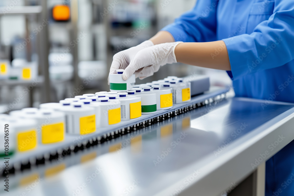 Poster Worker carefully attaching labels to products on a production line in a factory