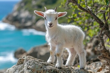 Obraz premium A White Goat Kid Standing on a Rocky Cliff Near the Sea