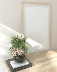 A serene indoor scene featuring a wooden-framed blank picture frame beside a stylish vase filled with lush green plants and decorative flowers. 3D render