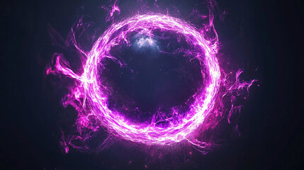 Naklejka premium Abstract neon energy sphere of particles and waves of magical glowing on a dark background, circle and loop frames with magic purple and pink flame and sparks