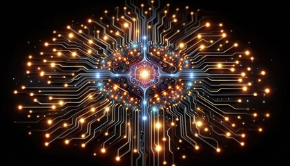 Fototapeta premium Neural Network as Digital Circuit Board - Deep Learning Data Transmission and AI Processing Concept, Futuristic AI Visualization, No People