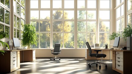 Fototapeta premium Bright, modern office space with large windows and plants for a productive work environment.
