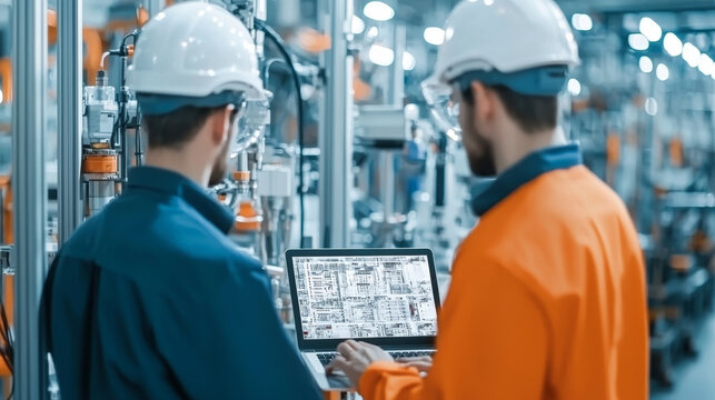 In modern industrial setting, two engineers in hard hats are collaborating over laptop, analyzing technical data and schematics. Their focused expressions reflect importance of their work in high tech