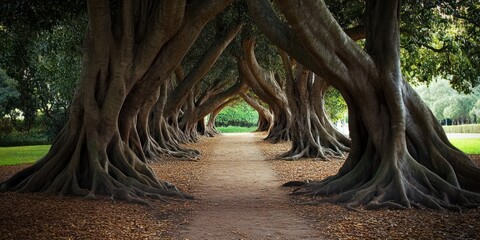 A serene pathway lined with arching trees, creating a natural tunnel effect.