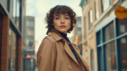 Fototapeta premium Fashionable young woman in a classic tan trench coat standing on a city street with muted autumnal colors and a minimalist architectural backdrop She has a contemplative